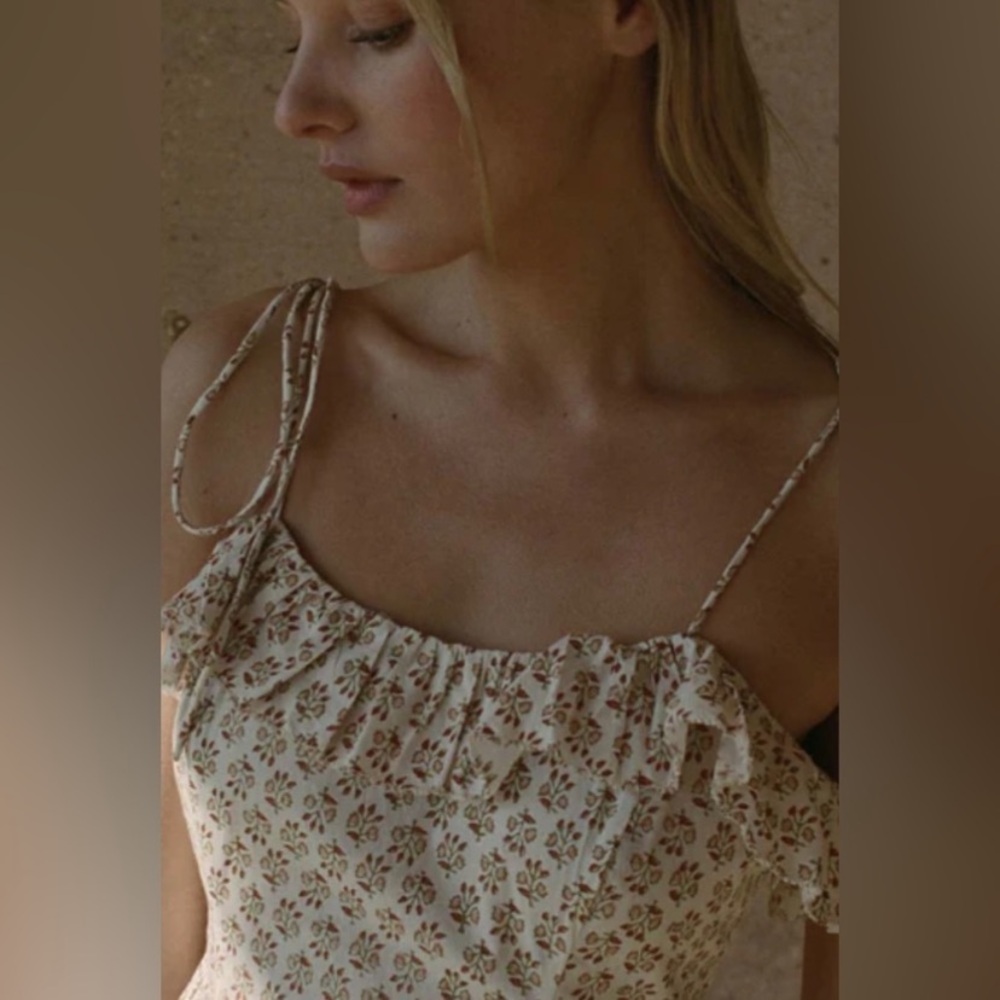 Doen Wendelin Cotton Ruffle Tie Bow Strap Midi Dress Spring Elderberry Floral - Picture 5 of 14